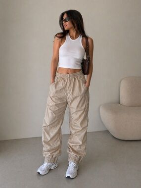 FAVLUX Boutique Beige Elastic Waist Jogger Street Style Pant Zip Pocket - Size M
